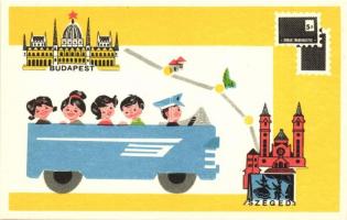 19 db MODERN közlekedés és üdvözlő motívumos grafikai képeslap / 19 modern motive graphic postcards;...