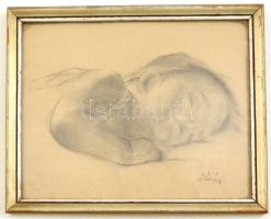 Lázár Szilárd (?-?): Alvó gyermek. Szén, papír, jelzett, üvegezett keretben, 19×24 cm