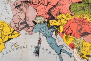 1914 A háborús Európa térkép-karikatúrája 1914, rajzolta Varga Imre, Bp., Rosenthal-ny., a hajtás me...