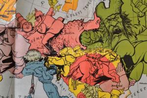 1914 A háborús Európa térkép-karikatúrája 1914, rajzolta Varga Imre, Bp., Rosenthal-ny., a hajtás me...