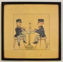 cca 1910 Olvashatatlan jelzéssel: Falatozó katonák (Karikatúra). Akvarell, papír, üvegezett keretben, 16,5×16,5 cm