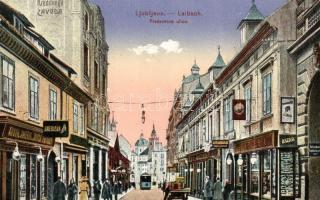 Ljubljana, Laibach; Presernova ulica, Kreditnega Zavoda, Restauracija, bazar / street view with restaurant, shopf of Emil Dobric and Austrian-American shoe shop, tram, credit union