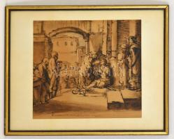 D.L. jelzéssel: Rembrandt után: A vak meggyógyítása. Akvarell, papír, üvegezett keretben, 28×31 cm