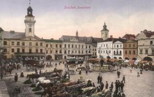 Cieszyn, Teschen; Demelplatz, Apotheke. Ed. Feitzinger No. 1146. / square with market and trams, pharmacy