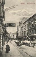 1915 Cieszyn, Teschen; Stefaniestrasse, Kino, / street view with cinema, shop of Sofie Leitner + K.u.K. Militärzensur Teschen
