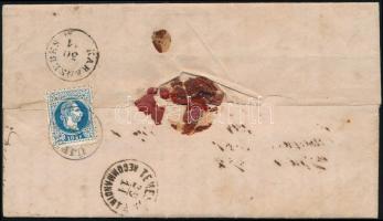 ~1870 5kr on registered cover, ripped 10kr on the backside "ÚJPÉCS" ~1870 5kr ajánlott lev...