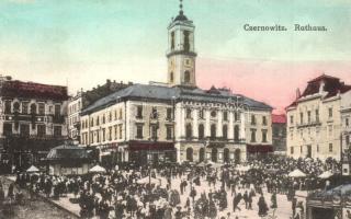 1918 Chernivtsi, Cernauti, Czernowitz; Rathaus / town hall, market + M. kir. 1. honvéd tábori posta 214.