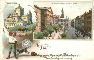 Lviv, Lwów, Lemberg; St. Georg Kathedralkirche, Heiligengeist-Platz. Protokollirte-Schutz-Marke / church, square. Leonhardi's Tinten advertisement card. Kutzner & Berger Art Nouveau, litho