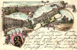 1897 (Vorläufer!) Lviv, Lwów, Lemberg; Ulica Karola Ludwika, Kosciol Sw. Jura, Gmach Seimowy. Wierusz Niemojowskiegs / street, church, castle. Coat of arms, Art Nouveau, floral, litho