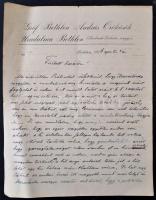 1916 Bethlen István (1874-1946) későbbi miniszterelnök kézzel írt levele Köllő Ignáchoz (1859-1942), Maros-Torda vármegye alispánjához vármegyei ügyben, a hadifoglyok elosztása kapcsán, utolsó oldalán Köllő feljegyzésével a Bethlennek küldött válaszról, fejléces papíron, 6 p.