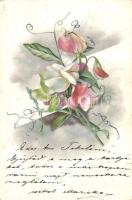 1900 Flowers. Floral litho greeting card (kopott sarkak / worn corners)