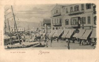 1900 Izmir, Smyrne; Le port et les quias, Boulangerie Francois / port view with quay, Hotel Elpiniki, French bakery of A. Pradelle + Austrian stamp