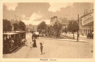 Belgrade, Terasia, Bukovicka / street view with trams, shops