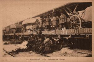 Russische Typen, Verladen der Truppen. Verlag für allgemeines Wissen / WWI Russian military, soldiers with resupply carriages at the railway station