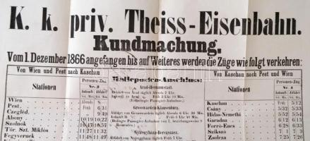 1866 K. k. priv. Theiss-Eisenbahn (Tiszavidéki Vasúttársaság) hirdetménye vasúti menetrendről
