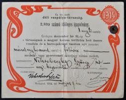 1914 Budapest, cs. kir. szab. Déli Vaspálya Társaság fényképes ideiglenes félárú igazolványa Nehrebe...