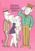 'Jelentem, kiskatona lettem' 12 db használatlan humoros képeslap sorozat a katonaélet viszontagságairól, saját papírtokban, kiadja a Képzőművészeti Alap és Zrínyi Kiadó / 12 unused humorous postcard series, 1980's Hungarian soldiers life, s: Pusztai Pál