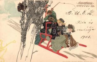 1903 Jégvirágok IV. / Frostwork, sledding ladies, unisgned Raphael Kirchner art postcard, Kosmos litho