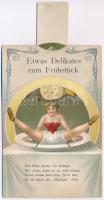 Etwas Delikates zum Frühstück / Something delicious for breakfast. Girl in the cheese platter, humor...
