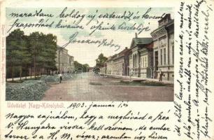1903 Nagykároly, Carei; utcakép. Kiadja Eigner Simon / street view (vágott / cut)
