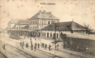 Tövis, Teius; Vasútállomás, vagonok, vasutasok. Adler Alfréd fényképész / Bahnhof / Gara / railway station, wagons, railwaymen (fl)