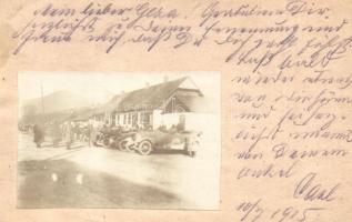 1915 Gépkocsi osztag autói parkolnak a táborban. Tábori postai lapra ragasztott fénykép / WWI K.u.k. automotive squads automobiles in the camp. Photo glued on field postcard + K.u.K. 7. Armee etappen kommando
