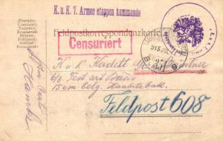 1915 Gépkocsi osztag autói parkolnak a táborban. Tábori postai lapra ragasztott fénykép / WWI K.u.k....