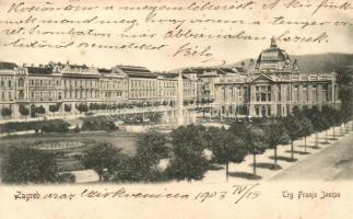 1903 Zágráb, Agram, Zagreb; Trg Franje Josipa / Franz Josefs Platz / Ferenc József tér. A. Brusine kiadása / Franz Joseph square (ragasztónyom / glue mark)