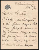 cca 1912 Fehérvárcsurgó, Károlyi József (1884-1934) politikus kézzel írt levele személyes ügyekben, Károlyi-címeres levélpapíron, három beírt oldal, 4 p.