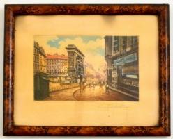 Olvashatatlan jelzéssel: Párizs, Porte St Denis. Színezett rézkarc, papír, üvegezett keretben, 10×16 cm