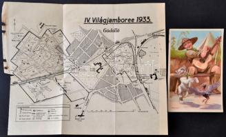 1929 A Sirály budapesti cserkészcsapat eredeti hímzett zászlaja, 1933-as Jamboree térkép, képeslap, ...