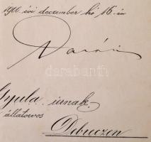 1900 Budapest, állatorvosi kinevezés Bummel Gyula temesvári állatorvos részére, Darányi Ignác (1849-...