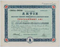 Románia / Szászrégen 1921. Sächsisch-Regener Sparkasse A.G. in Sächsisch-Regen (Szászrégeni Takarékpénztár Részvénytársaság) német nyelvű részvény 500L-ről T:I- / Romania / Reghin Sächsisch-Regener Sparkasse A.G. in Sächsisch-Regen savings bank share about 500 Lei C:AU