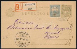 1905 Ajánlott levelezőlap 25f kiegészítéssel Abádszalókról Hevesre / Registered PS-card with additional franking