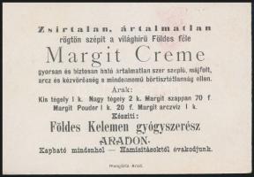 cca 1900 Arad, Földes Kelemen gyógyszerész Margit Creme reklámja litho kártyán. 13x8,5 cm
