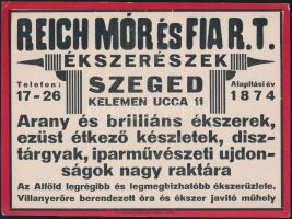 cca 1940 Szeged, Reich Mór ékszerész reklám tábla / cégtábla. Karton. 24x18 cm
