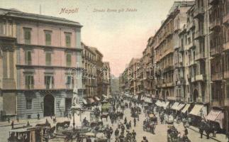 Napoli, Naples; Strada Roma gia Toledo / street view, horse-drawn tram, shops, market. Paul Trabert