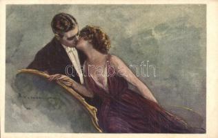 Gentleman and lady kissing, romantic couple. Italian art deco art postcard. Anna & Gasparini 513-2. s: T. Corbella