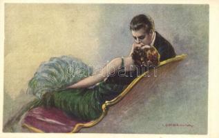 Gentleman and lady kissing, romantic couple. Italian art deco art postcard. Anna & Gasparini 513-3. s: T. Corbella