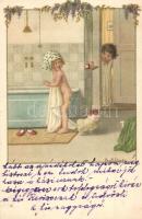 Girl in the bathroom, boy peeping. AR August Röckl Nr. 1425. s: Pauli Ebner