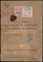 1915 Kazán használati engedélye és nyilvántartási könyve, a tulajdonosok között gróf Almásy Dénessel (1863-1940), a borítón sérült viaszpecséttel, 1 db 2 k. 50 f., 1 db 50 f., és 1 db 40 f., foltos