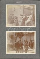 1905 Arad, utcaképek, hirdetőoszloppal, üzletekkel, 2 db albumlapra ragasztott fotó, 9×12 cm / Arad, street view, 2 photos
