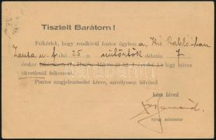 1934 Bernárd Ágost (1880-1968) politikus, korábbi miniszter, a trianoni békeszerződés egyik aláírójának levelezőlapja joghallgató részére
