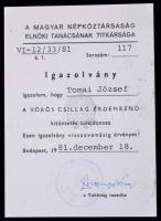1981 Vörös Csillag Érdemrend kitüntetés adományozó oklevél Tomai József (1922-2016) ezredes részére,...
