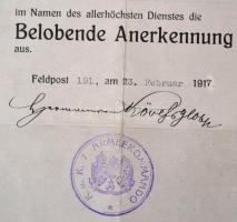 1917 Dekoratív elismerő kitüntetés a császári és királyi 7. hadtest vezetésétől a front, a hadtest p...