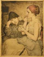 Glatz Oszkár(1872-1958)-Prihoda István(1891-1956): Buborékfújók. Színezett rézkarc, papír, üvegezett keretben, foltos, kis gyűrődéssel, 35×27 cm