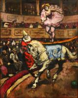 Pólya Tibor (1886-1937): Cirkuszi mutatvány. Olaj, karton, jelzett, hátoldalán felirattal, 50×40 cm