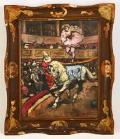 Pólya Tibor (1886-1937): Cirkuszi mutatvány. Olaj, karton, jelzett, hátoldalán felirattal, 50×40 cm