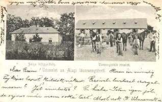 1904 Dunakeszi-Alag, Lóversenytér, pálya felügyelőség, versenyistálló részlete lovakkal. Hadl Fülöp kiadása