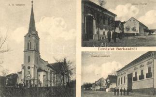 1918 Berkesd, Római katolikus templom, utca, Községi vendéglő + Postaügyn. pecsét